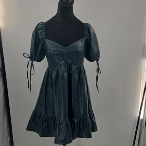 Chic Dark Green Faux Leather Puff Sleeve Mini Dress